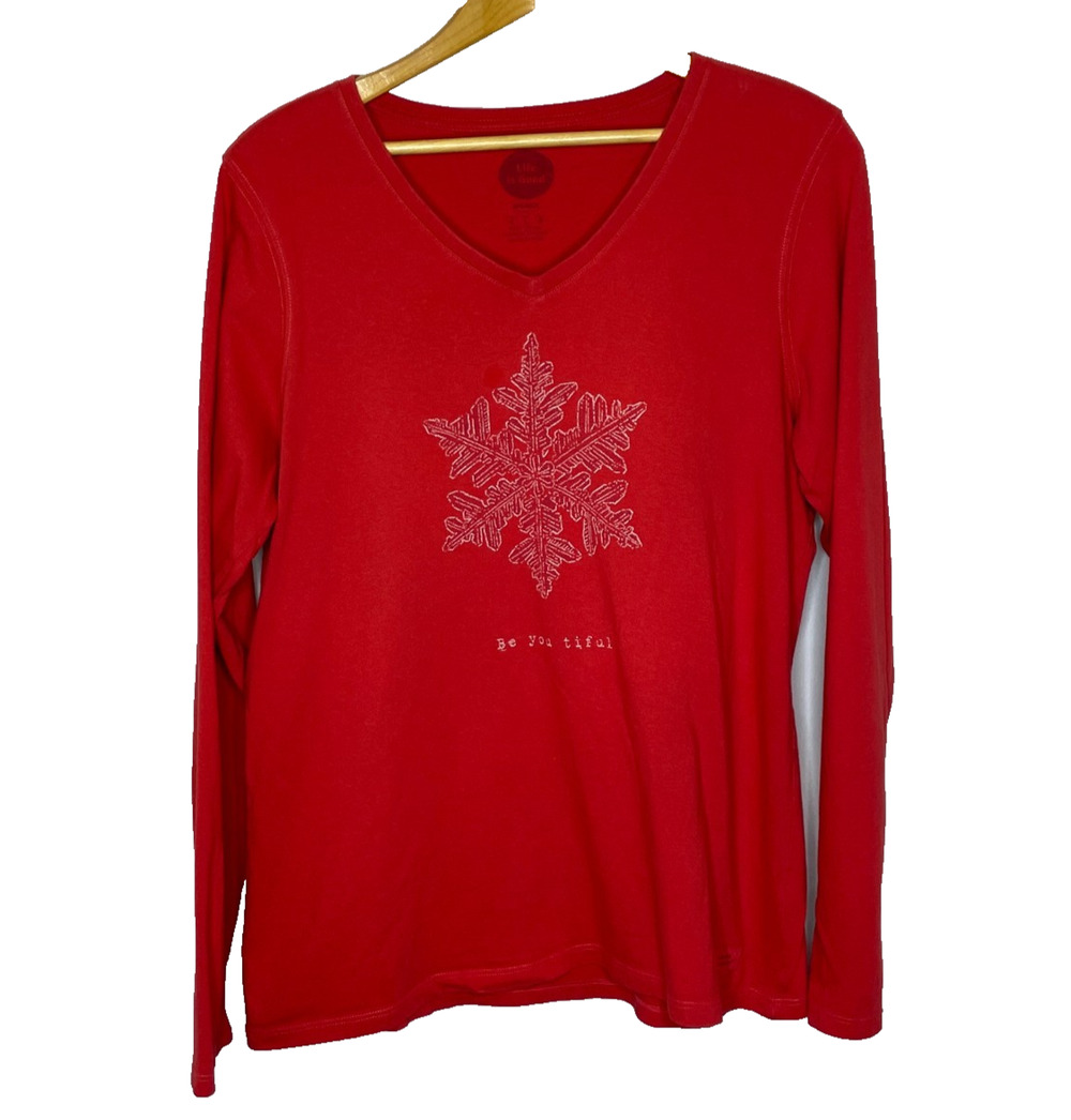 Women's Large Life is Good "Be-You-Tiful" Red V-Neck Snowflake Classic T-Shirt